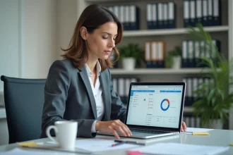 Enseignante accédant à l'intranet académique sur son ordinateur portable dans un bureau administratif scolaire