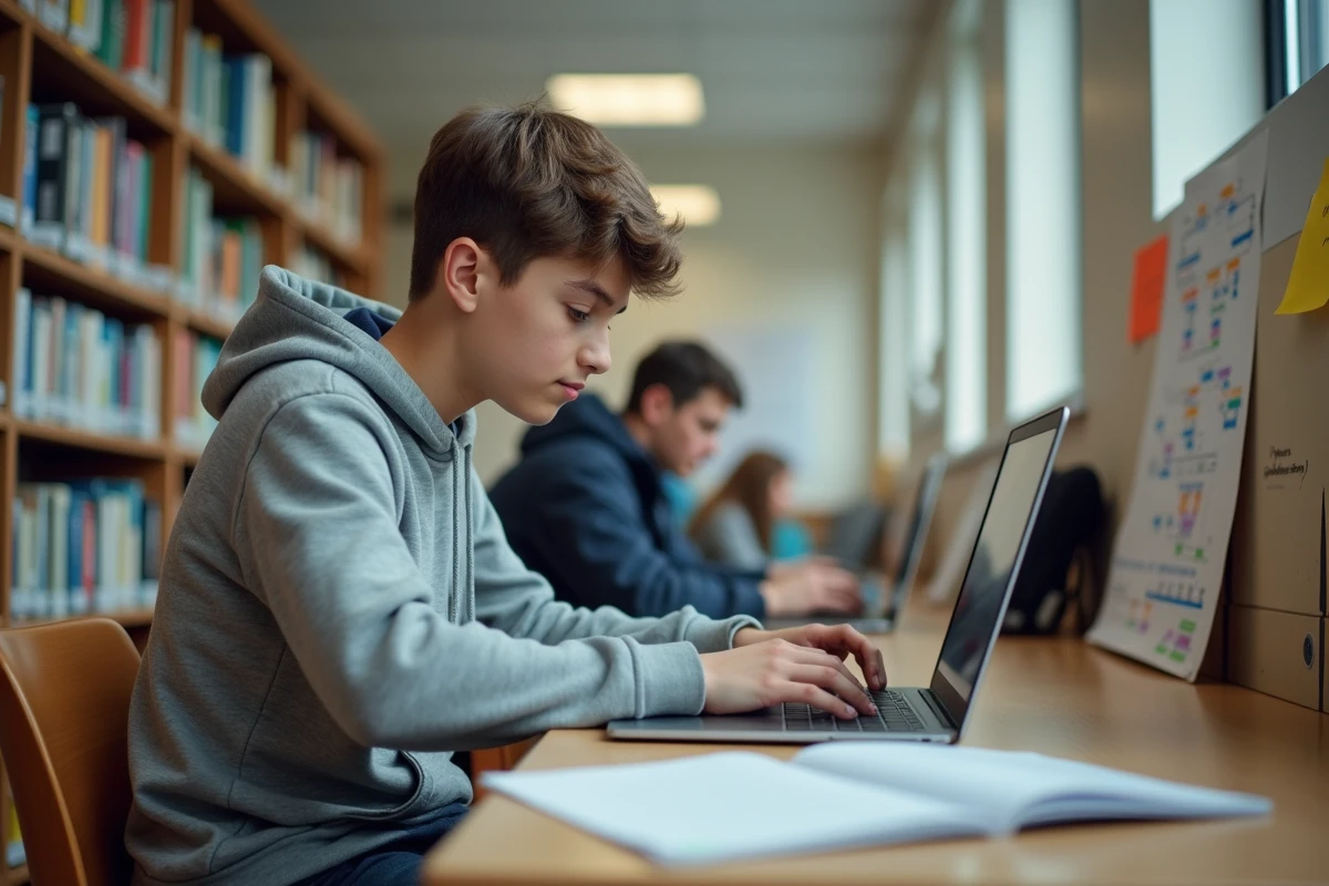 Adolescent concentré avec ordinateur et tableau de logique
