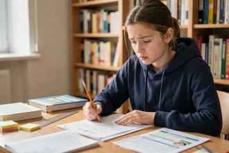 Adolescente révisant ses notes de contrôle continu pour le brevet 2026 à son bureau