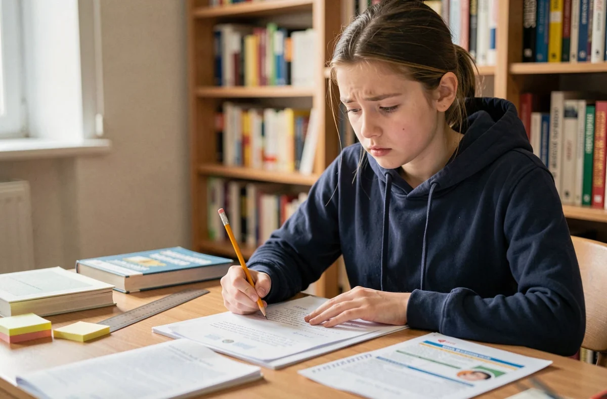 Adolescente révisant ses notes de contrôle continu pour le brevet 2026 à son bureau