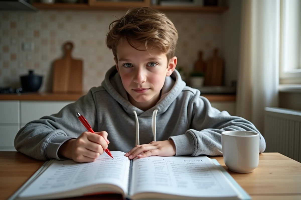 Adolescent révisant seul les verbes du 2ème groupe dans un cahier scolaire à la maison