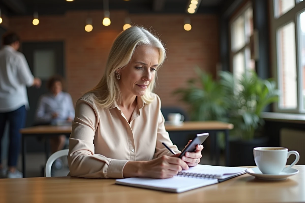 Femme prenant des notes lors d'une formation Afpa suivie sur smartphone dans un espace de coworking