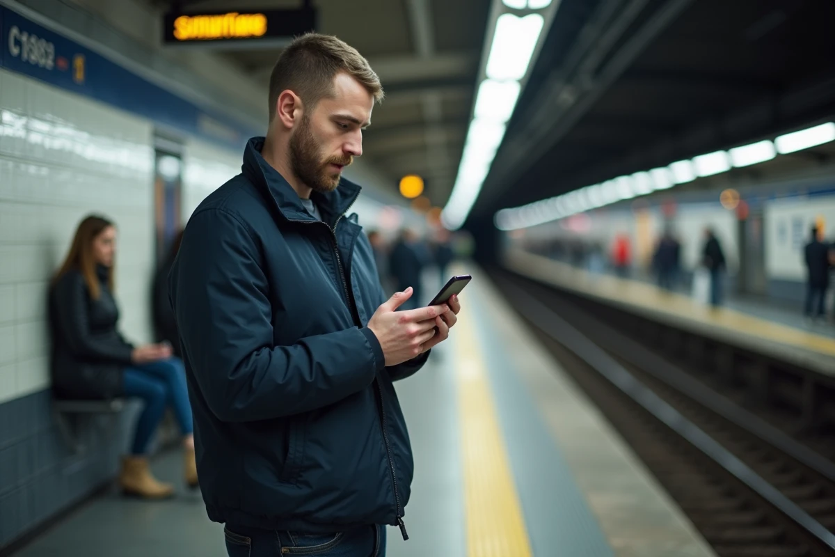 Homme consultant sa formation Afpa sur mobile dans une station de métro en déplacement