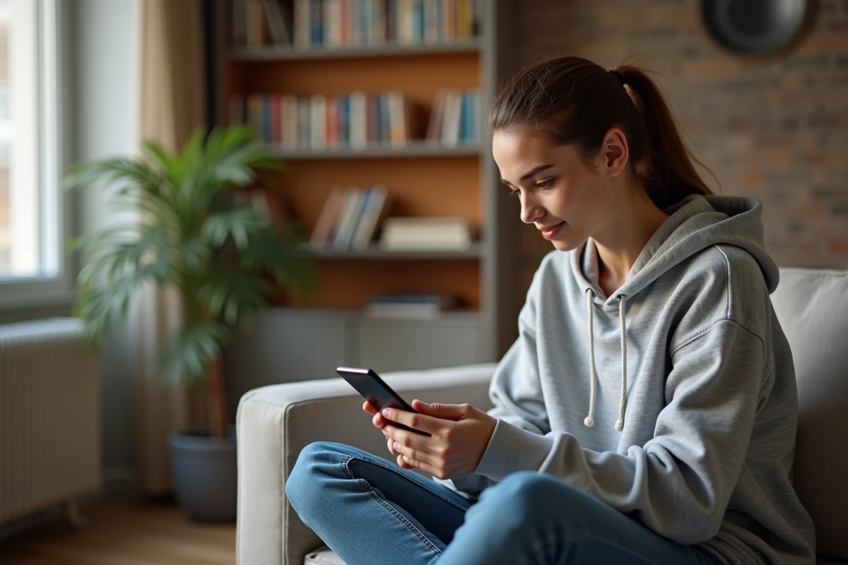 Jeune femme suivant ses cours Afpa en ligne sur smartphone depuis son canapé à domicile