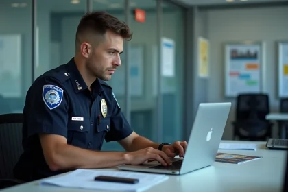 Agent de police en uniforme concentré sur son ordinateur