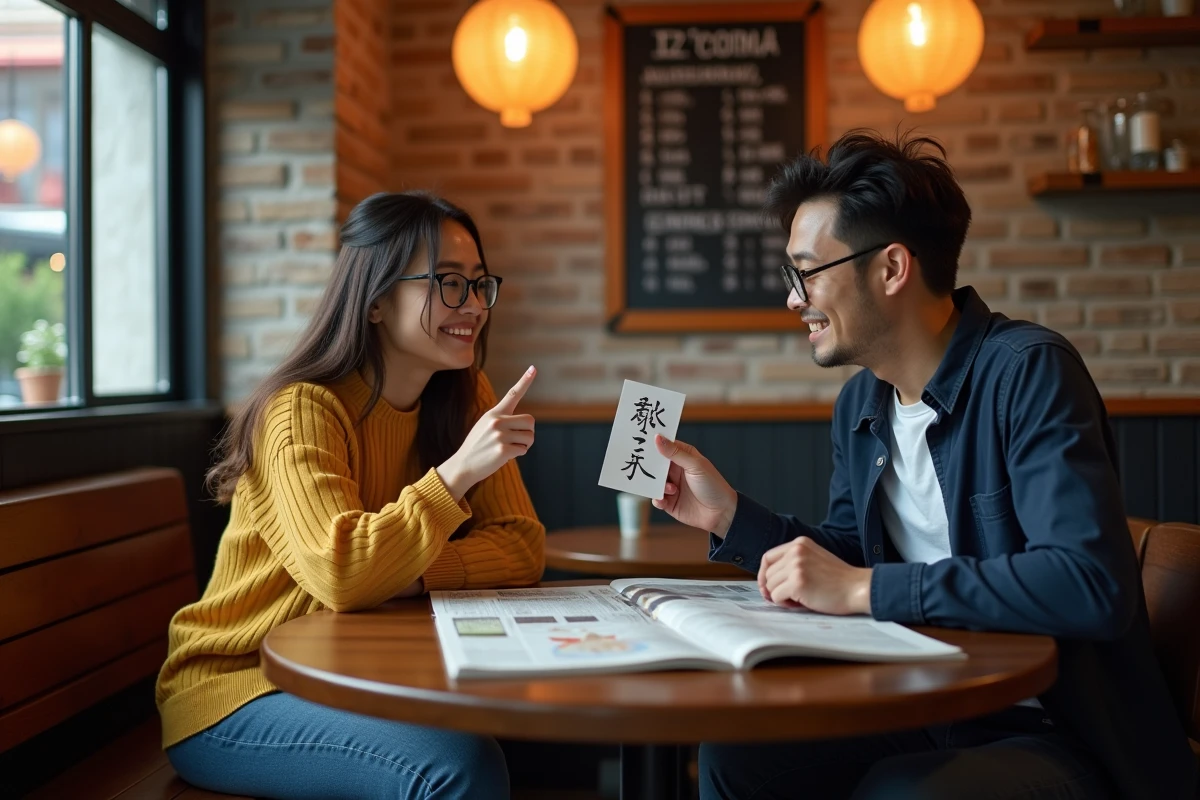 Deux amis comparant le japonais et le chinois autour d'un manga et d'un journal dans un café