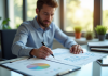 Professionnel d'affaires analysant un SWOT dans un bureau lumineux