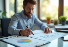 Professionnel d'affaires analysant un SWOT dans un bureau lumineux