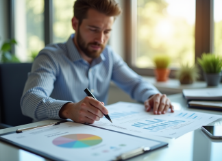 Professionnel d'affaires analysant un SWOT dans un bureau lumineux