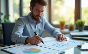 Analyse FFOM : comprendre ce concept en finance Professionnel d'affaires analysant un SWOT dans un bureau lumineux