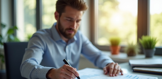 Professionnel d'affaires analysant un SWOT dans un bureau lumineux