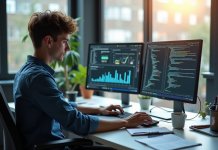 Jeune analyste de donnees travaillant sur deux ecrans avec graphiques