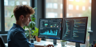 Jeune analyste de donnees travaillant sur deux ecrans avec graphiques