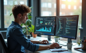 Comment réussir dans le métier en R : conseils de professionnels Jeune analyste de donnees travaillant sur deux ecrans avec graphiques