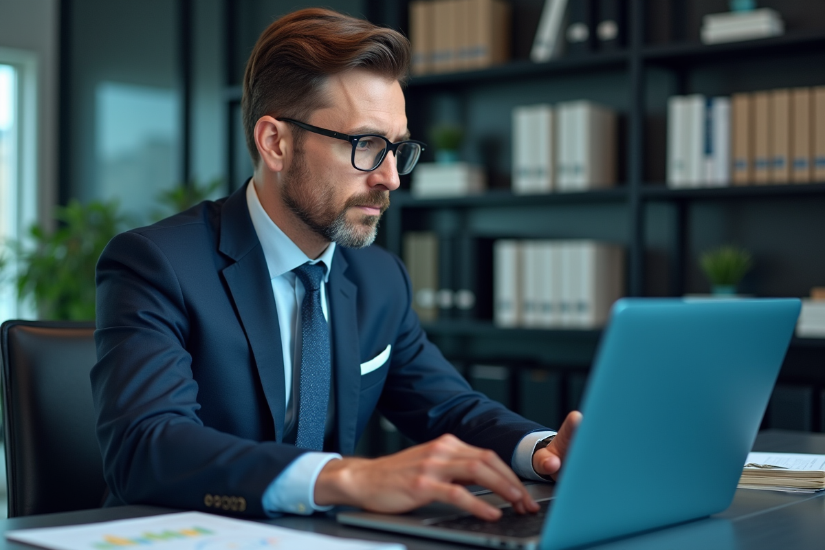 Analyste en costume bleu examinant des graphiques sur un ordinateur