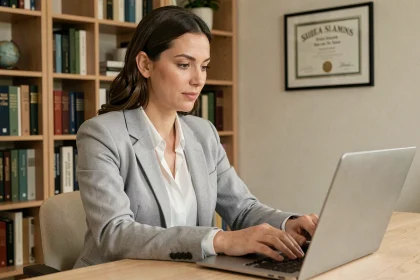 Ancienne étudiante ESG connectée à l'extranet alumni depuis son bureau à domicile après l'obtention de son diplôme