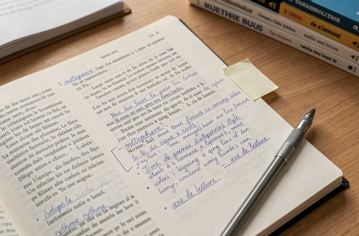 Livre de poésie annoté avec des figures de style et des axes de lecture pour un commentaire composé au bac