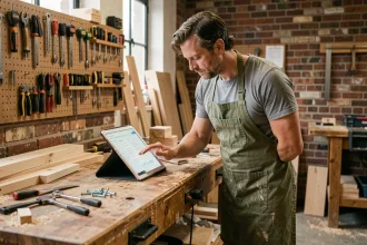Homme apprenant le bricolage DIY sur une tablette dans un atelier maison avec des outils et du bois