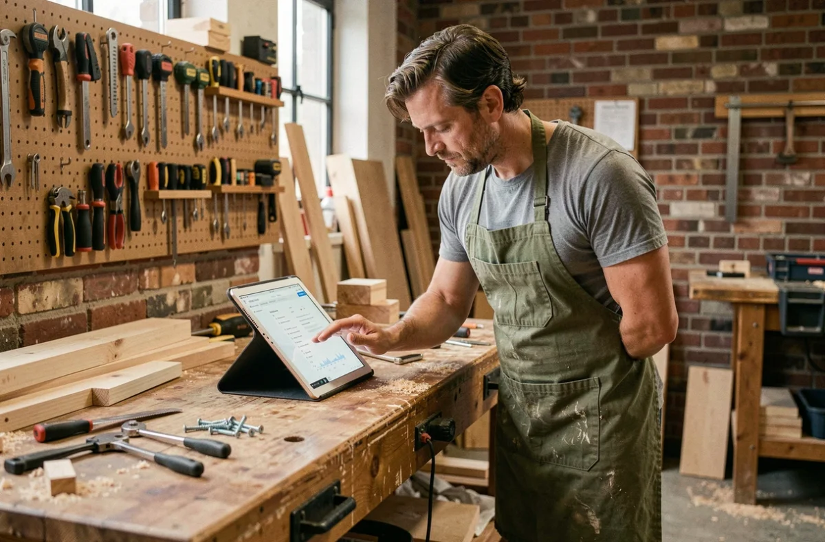 Homme apprenant le bricolage DIY sur une tablette dans un atelier maison avec des outils et du bois