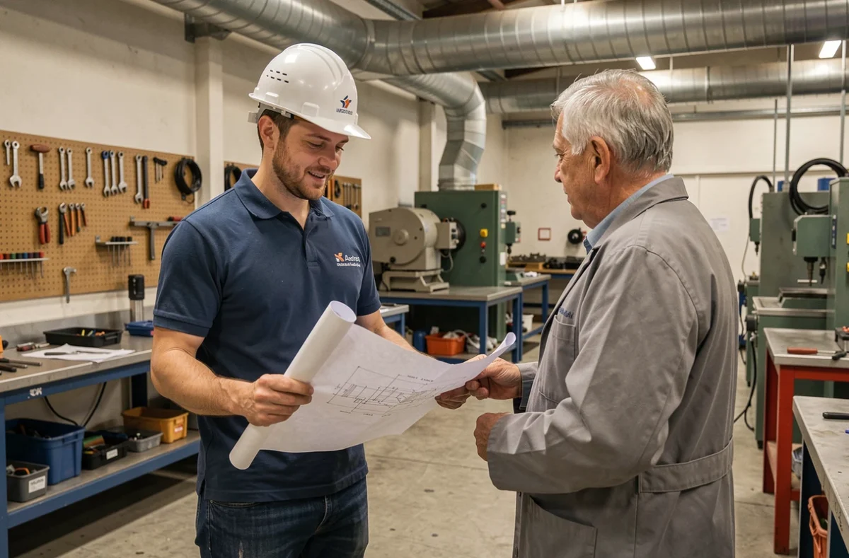 Apprenti en alternance discutant d'un plan technique avec son formateur dans un atelier de formation professionnelle à Saint-Nazaire