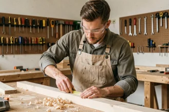 Apprenti menuisier mesurant une planche en bois dans un atelier de formation professionnelle