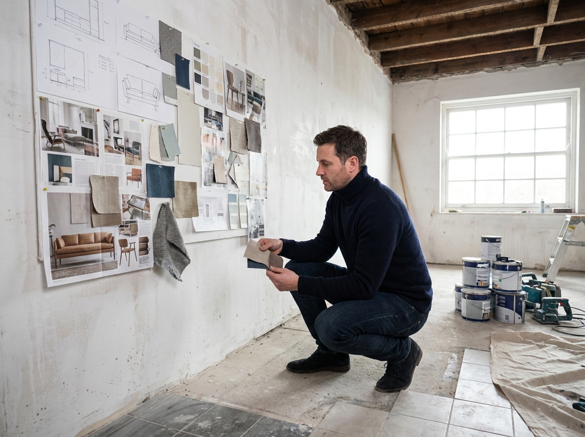 Architecte d'intérieur homme examinant un moodboard dans un appartement en cours de rénovation