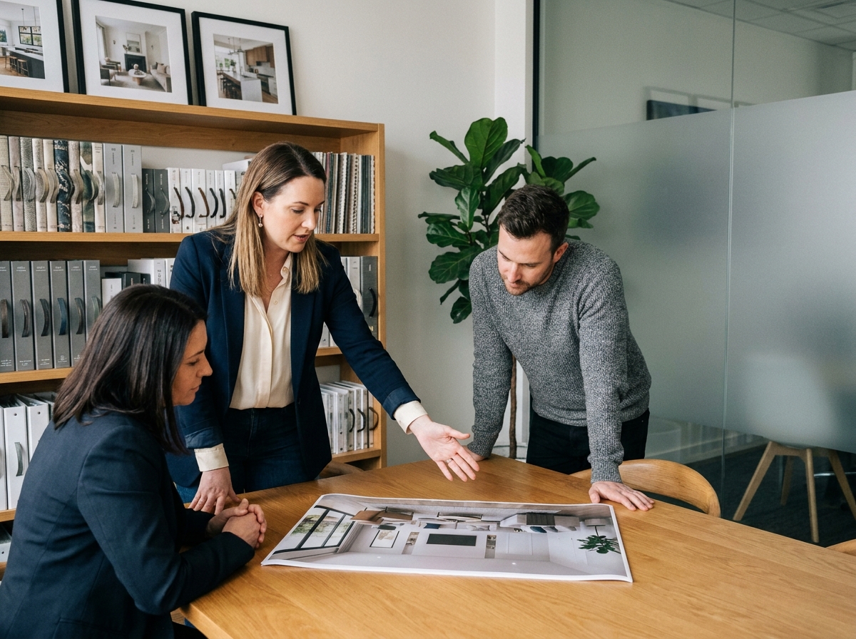 Réunion d'architectes d'intérieur avec un client autour d'un rendu 3D de projet de décoration