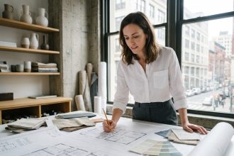 Architecte d'intérieur femme travaillant sur des plans de décoration dans un studio moderne avec échantillons de matériaux