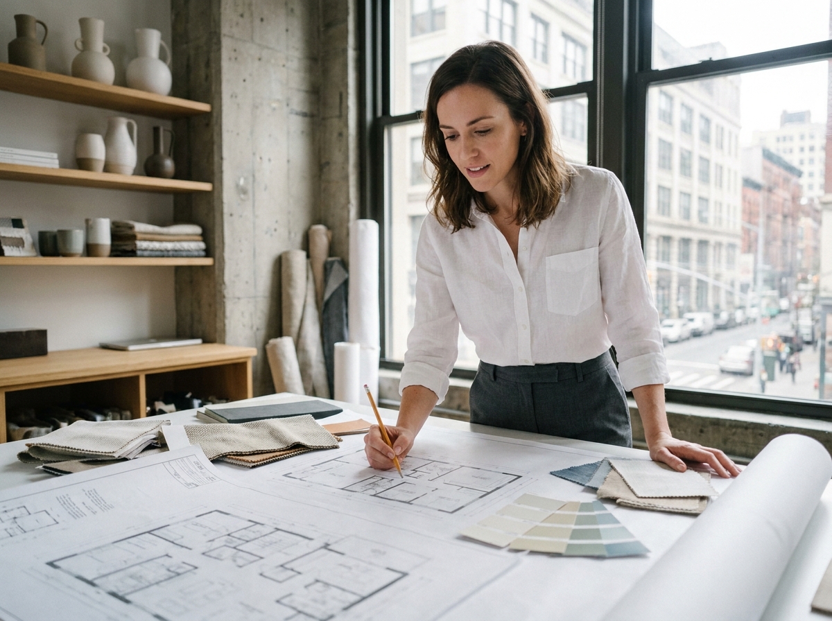 Architecte d'intérieur femme travaillant sur des plans de décoration dans un studio moderne avec échantillons de matériaux