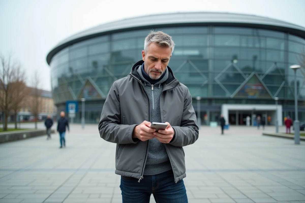 Homme consultant son smartphone devant la façade de l'ArenA d'Amiens