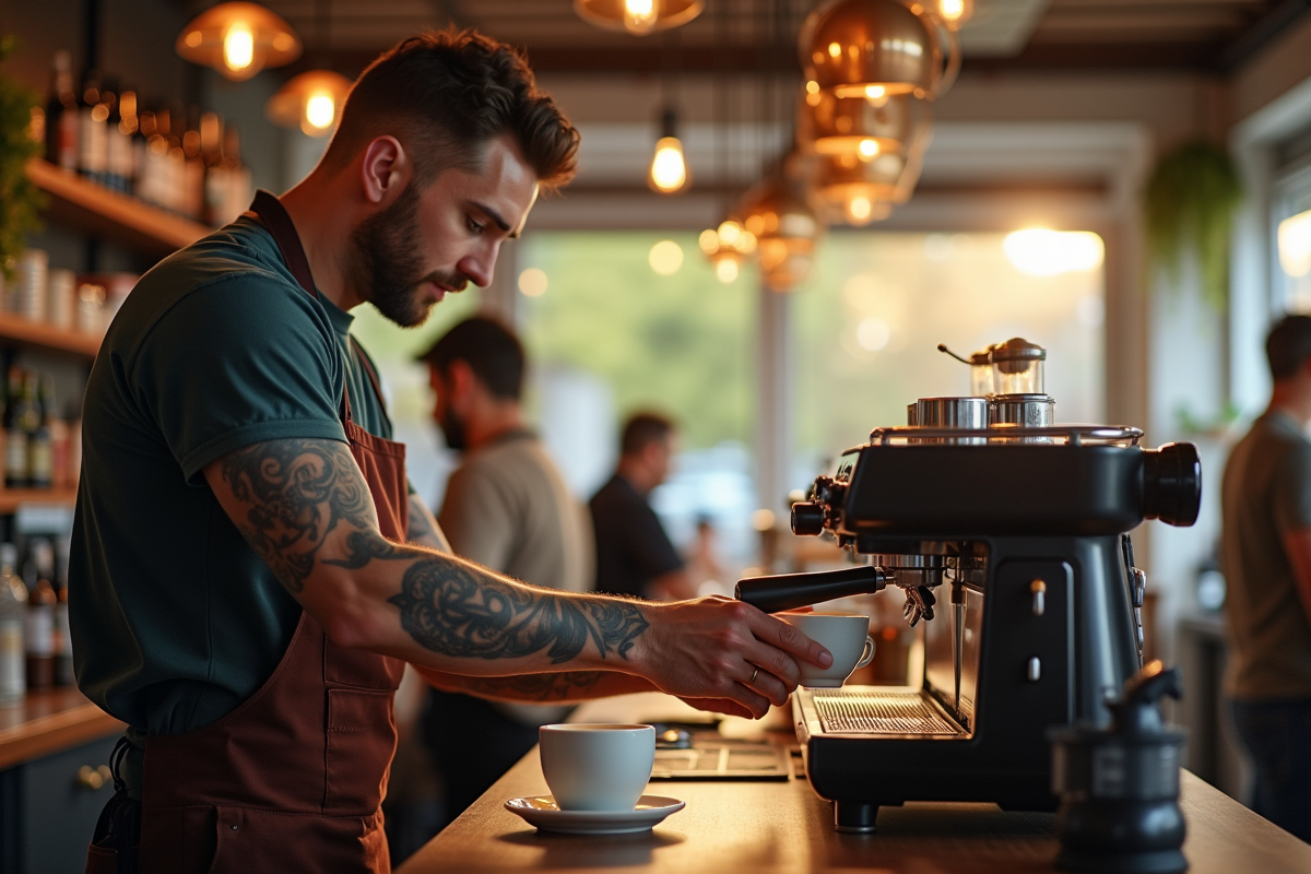 Barista tatoue préparant un café dans un café animé