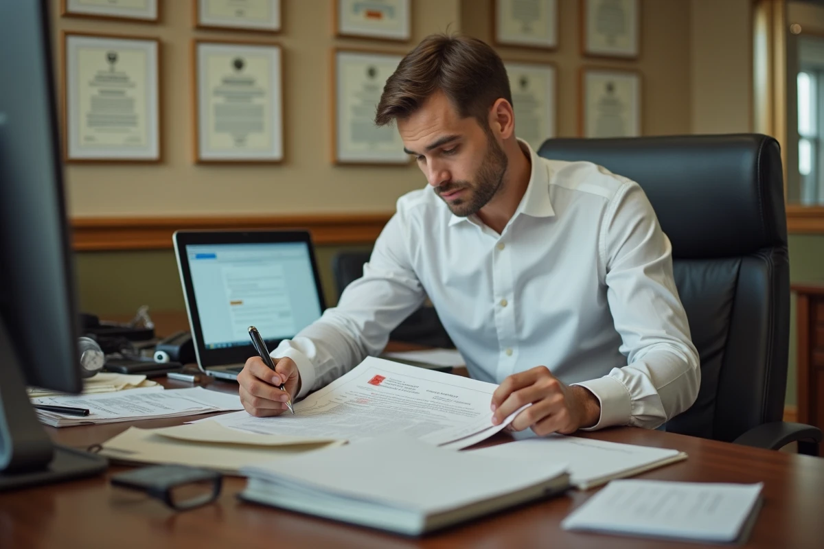 Agent administratif universitaire examinant un dossier de candidature refusé dans un bureau d'admission