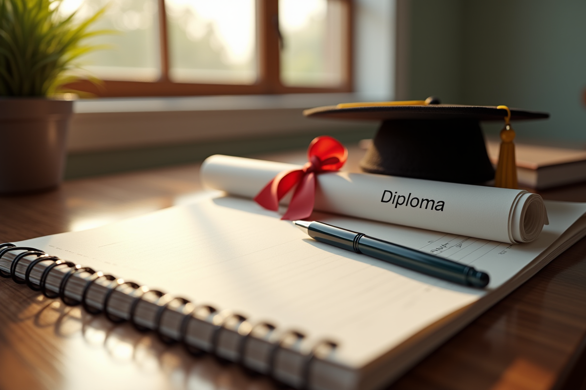 Bureau avec certificat de niveau 4 et stylo pour étudier
