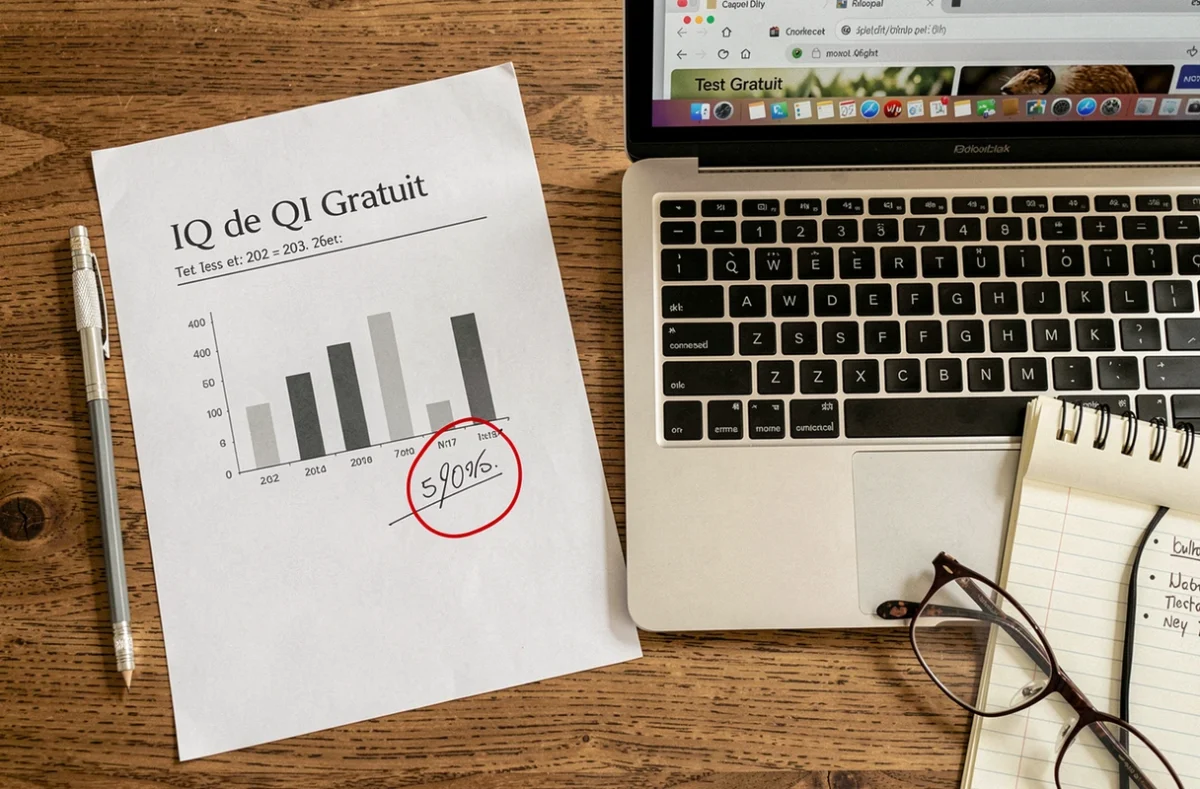 Vue de dessus d'un bureau avec résultats imprimés d'un test de QI gratuit et ordinateur portable
