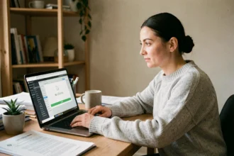 Femme travaillant sur un logiciel CAP RLA hors ligne sur son ordinateur portable dans un bureau à domicile