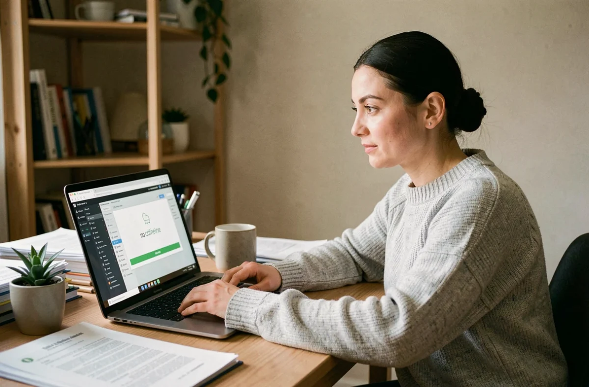 Femme travaillant sur un logiciel CAP RLA hors ligne sur son ordinateur portable dans un bureau à domicile