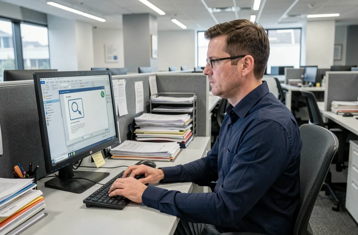 Professionnel utilisant le logiciel CAP RLA pc sans connexion internet dans un environnement de bureau ouvert