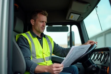 Chauffeur de camion poids lourd consultant un document de formation FIMO dans la cabine de son véhicule