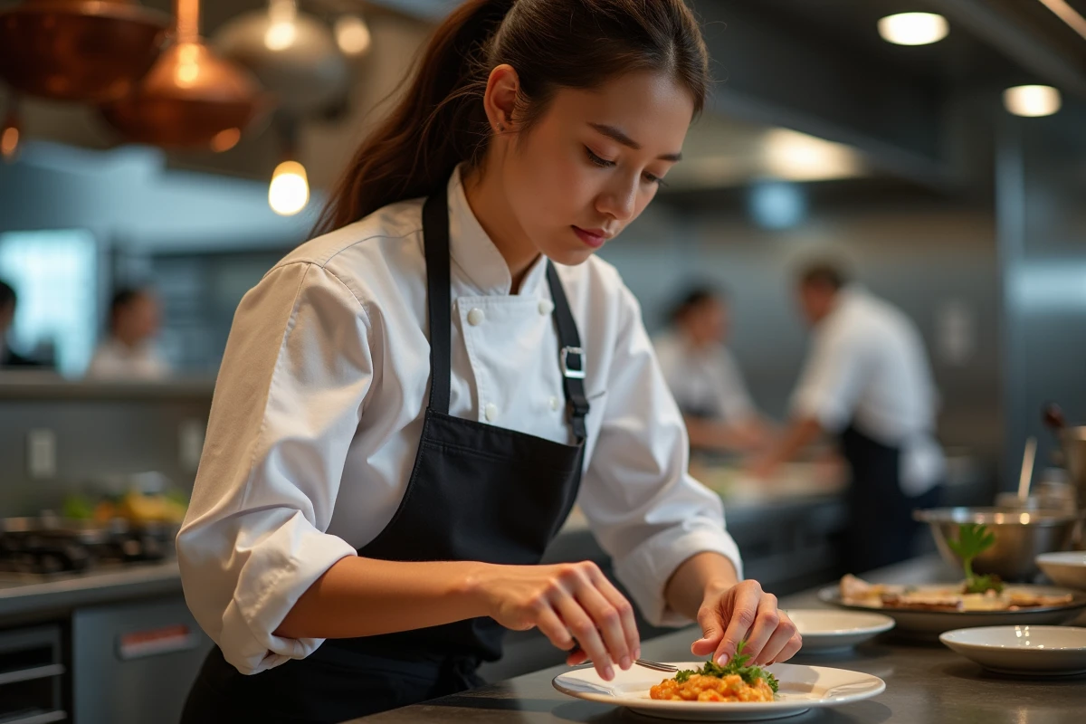 Cheffe cuisinière en toque blanche dressant une assiette dans une cuisine professionnelle, carrière culinaire sans diplôme universitaire