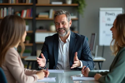 Coach en blazer discutant avec jeunes adultes en bureau