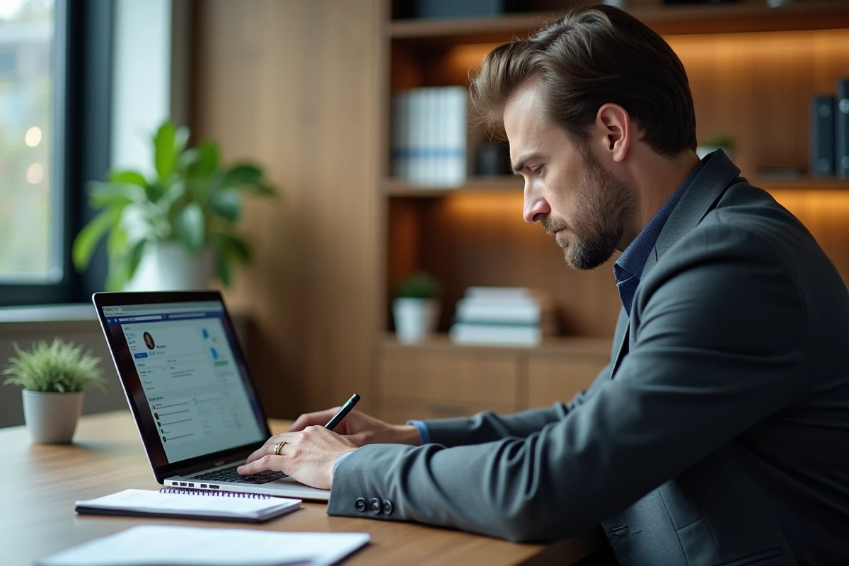 Commercial appliquant les techniques de social selling sur LinkedIn depuis son bureau professionnel