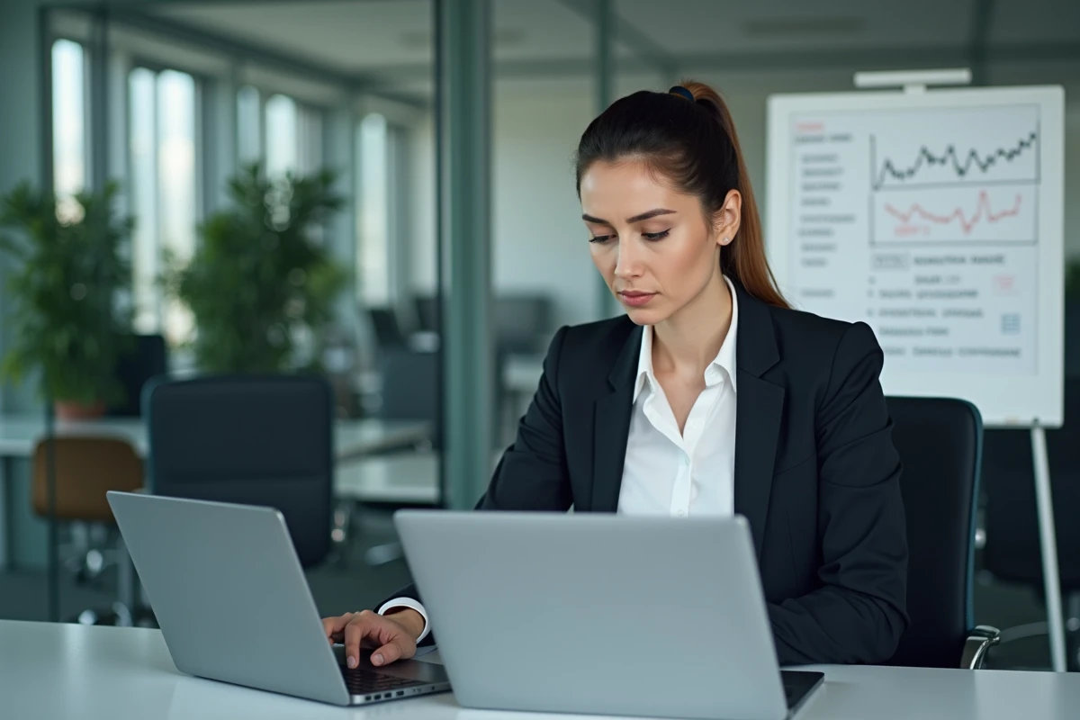 Femme professionnelle comparant deux plateformes de formation ESG en ligne sur des ordinateurs portables dans un bureau moderne