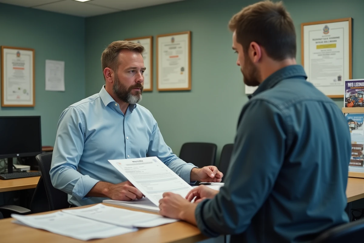 Conseiller d'un centre de formation présentant un devis de prix pour le permis C et la FIMO à un candidat