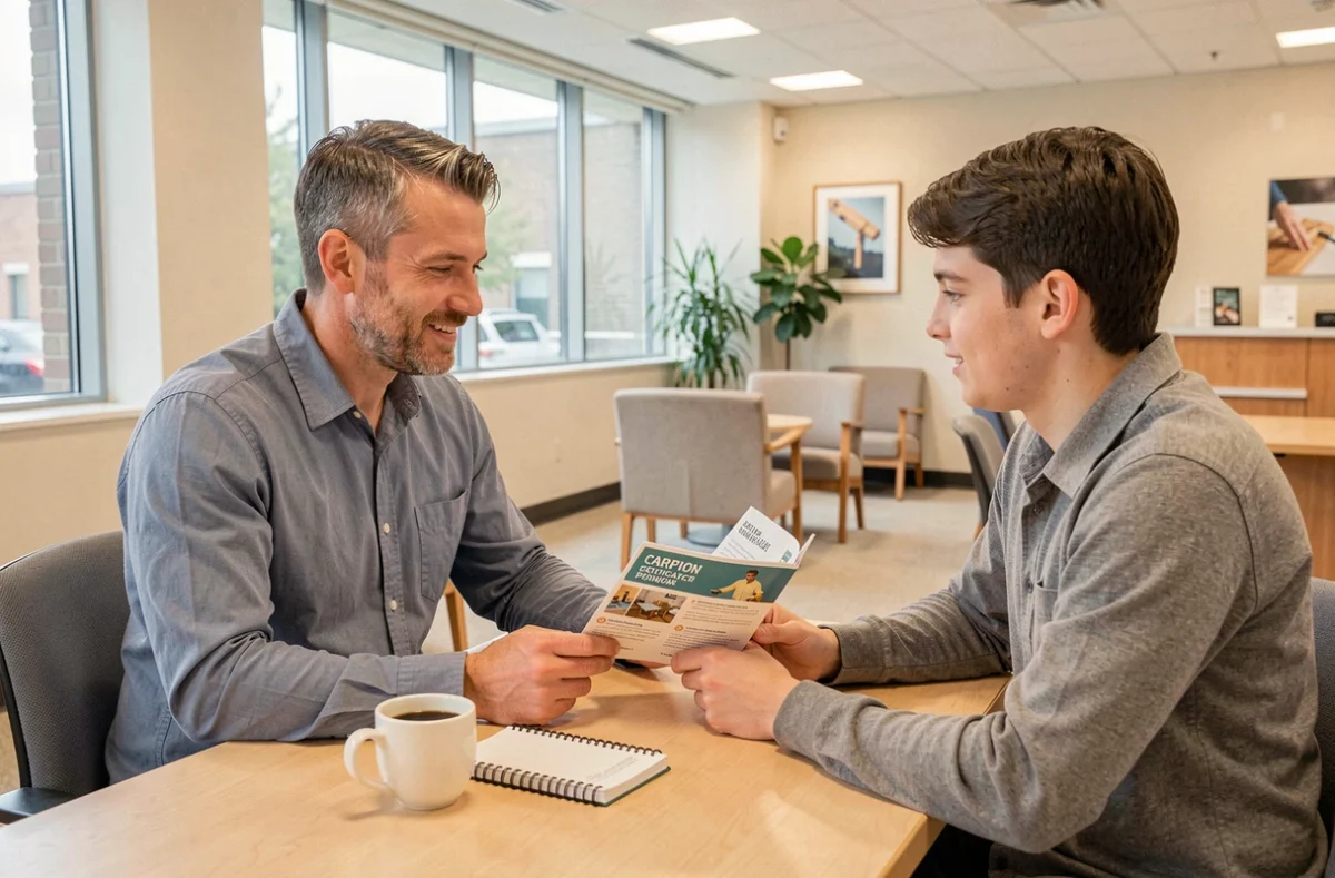 Conseiller en formation discutant des options de financement de formation menuiserie avec un jeune apprenti dans un centre de formation