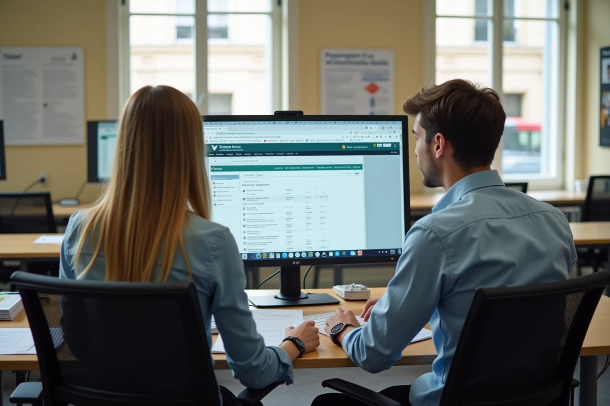 Deux collègues de l'académie d'Amiens consultant la page contacts de l'intranet sur un poste de travail partagé
