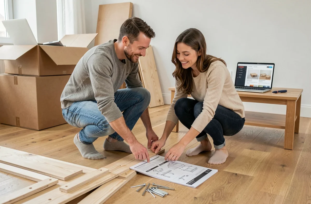 Couple assemblant des meubles en kit dans un appartement en s'aidant d'une plateforme DIY en ligne