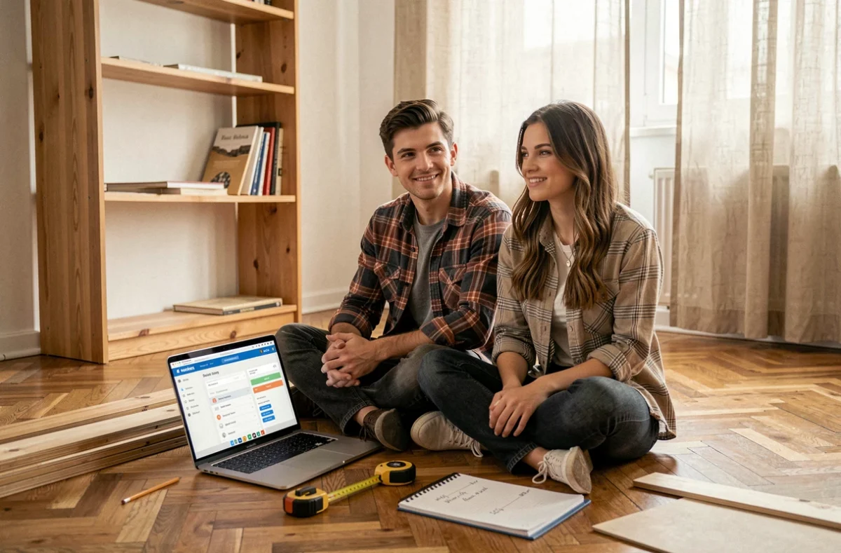 Couple de débutants consultant une formation bricolage en ligne sur ordinateur portable entourés de matériaux de travaux