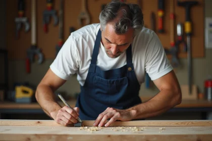 Homme adulte en tablier de bricolage mesurant une planche en bois dans un atelier bien rangé, idéal pour illustrer un cours de bricolage débutant