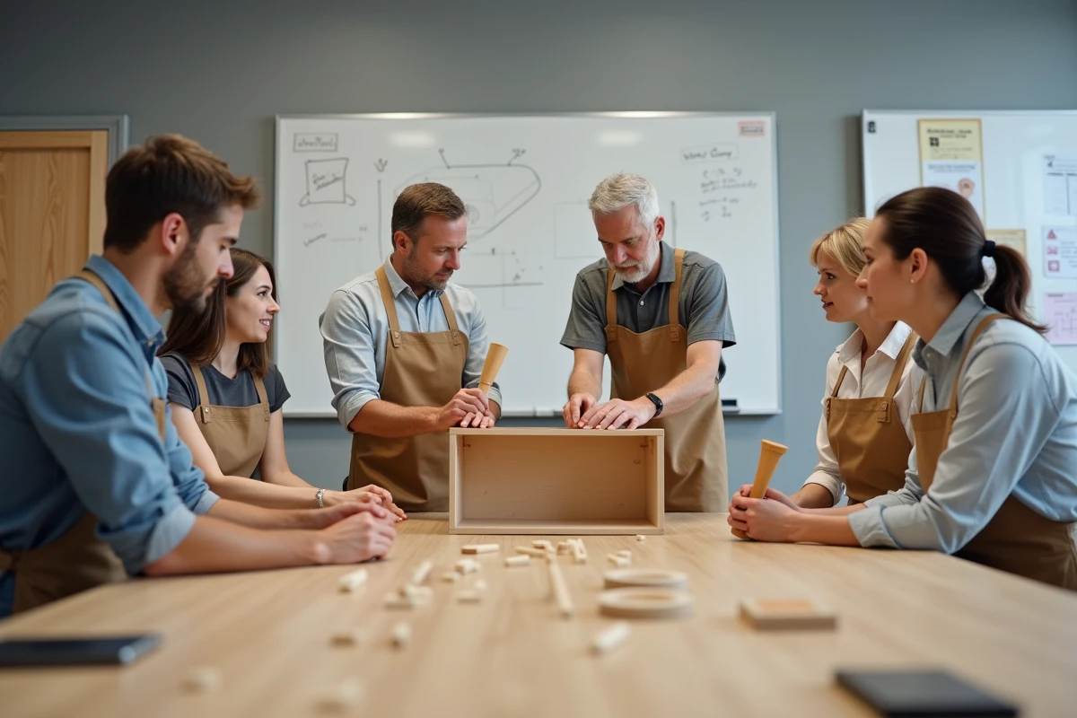 Groupe d'adultes participant à un cours de bricolage en salle de formation, autour d'une démonstration d'assemblage de meuble en bois