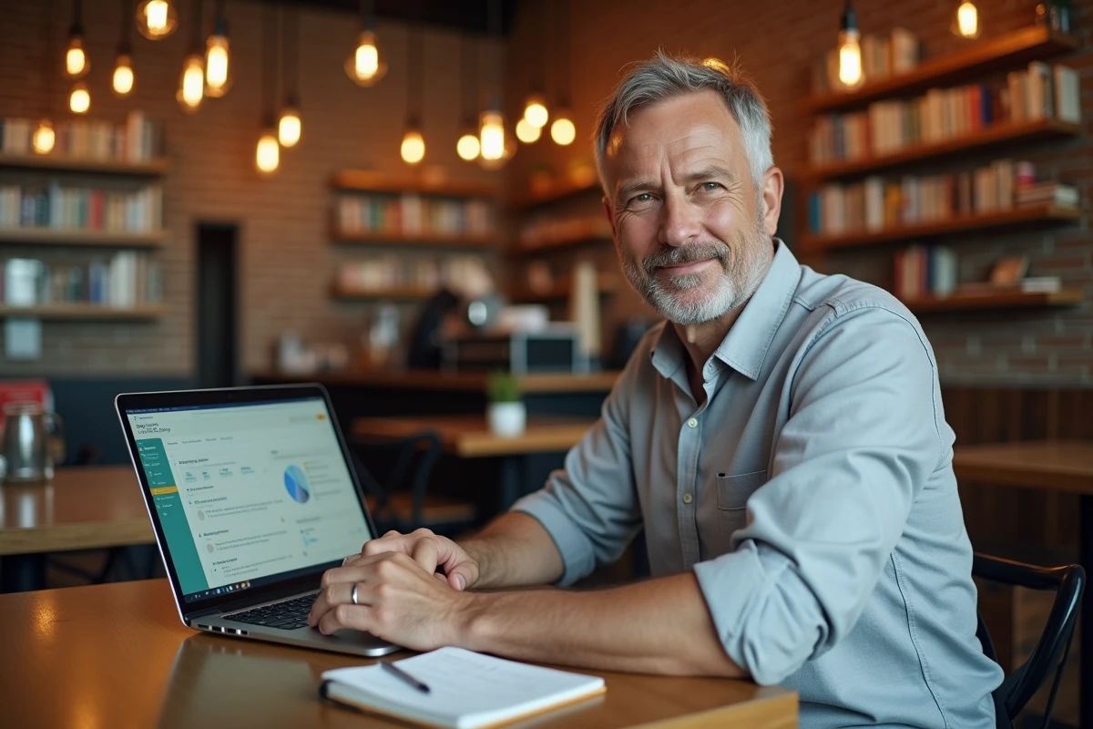 Professionnel consultant des cours en ligne ESG sur ordinateur portable dans un café urbain avec prise de notes